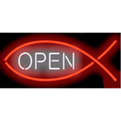 Christian Fish Open Neon sign Real Glass Tube Bulbs Light Bar Beer Club Custom Neon signs Store Decoration Signboard 17"x14"