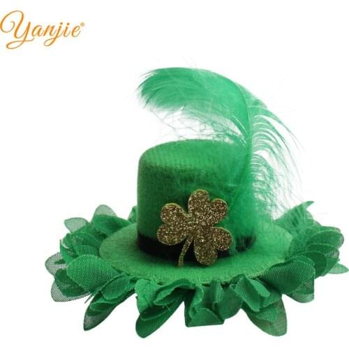 St Patricks Day Mini Green Feather Hat With Hair Clip For Girls Women Festival Cute Clover Hairpins Kids Gift Hair Accessories