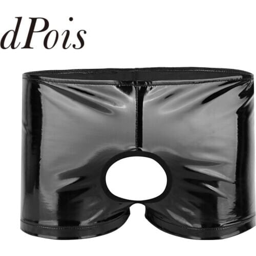 Mens Open Butt Briefs with Front Hole Men Soft Shiny Patent Leather Swimming Beach Shorts Man Underwear Underpants Inside Trunks