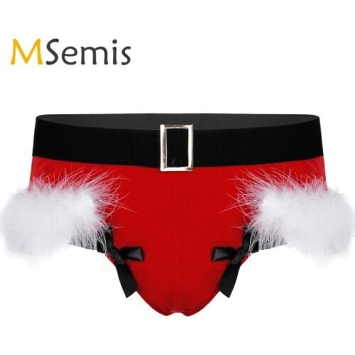 Mens Lingerie Sexy Thong Briefs Panties Velvet Feather Trimming Bowknot Exotic Gay Homme Underwear Thong Christmas Underpants