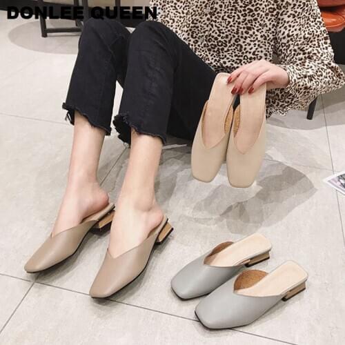 Women Square Toe Slippers Square Toe Low Heel Outside Ladies Slides Luxury Brand Mules Shoes Women Casual Loafer Summer Slippers