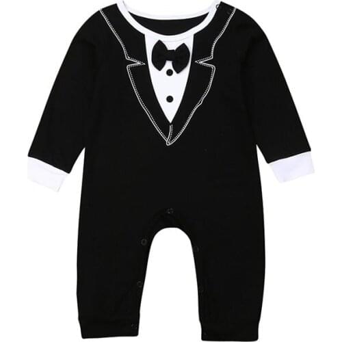 0-18M Baby Boy Rompers One-piece Jumpsuit with Patchwork Bow Tie Long Sleeve Snap Button Crotch Gentleman Playsuit Party New