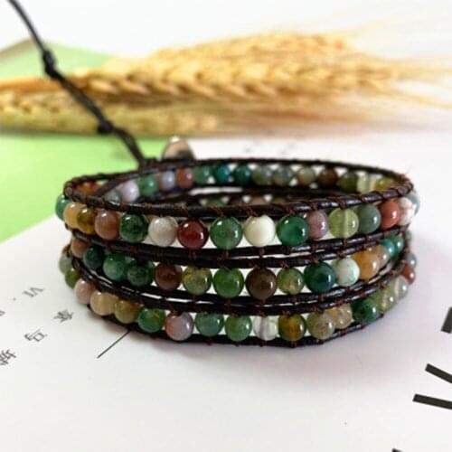 Natural Stone Beaded Wrap Bracelets Real Leather Braided 3Layers Round Beads Bohemian Jewelry