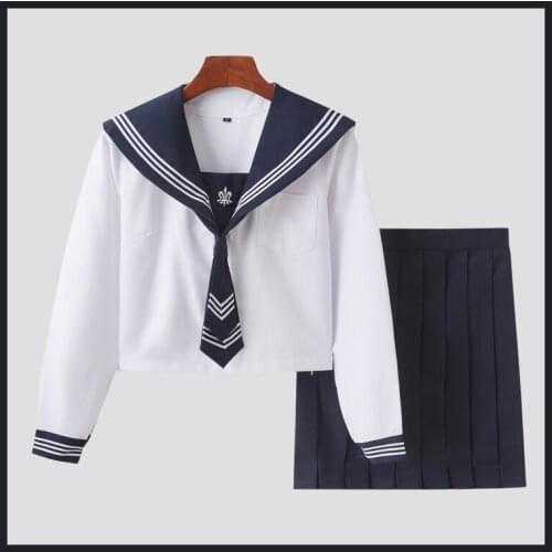 New JK School Uniform White Tops Navy Blue Skirt Suit Japanese Kawaii Long/Short Sleeve Shirt Pleated Skirt For Girls DQL5095
