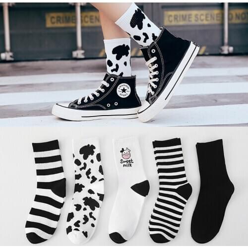 Autumn winter new products cow print socks cute Harajuku cotton and linen womens socks striped solid color casual cartoon socks