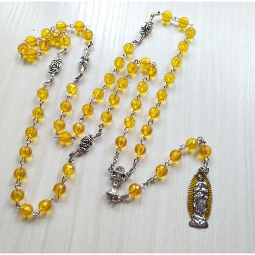 QIGO Catholic Rosary Necklace Yellow Acrylic Beads Strand Necklace Long Religious Pray Jewelry