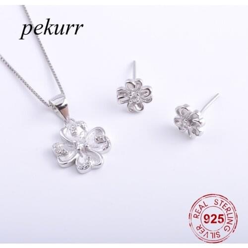 Pekurr 925 Sterling Silver Zircon Four Heart Leaf Clover Earrings Necklace Sets For Women Classic Pendants Jewelry Sets
