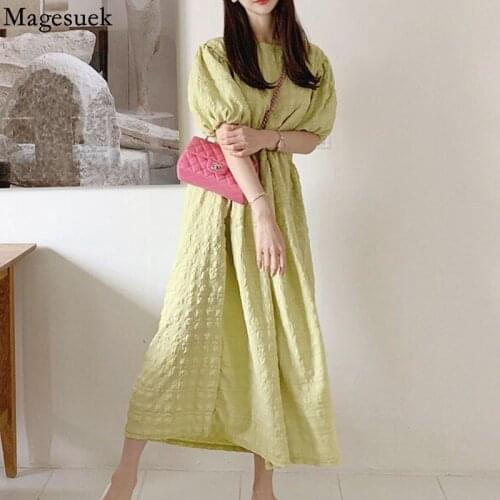 Casual Vintage Pleated Summer Dress Korean Loose Puff Sleeve Green Dress Women Female Plus Size Black Dresses Vestidos 15359