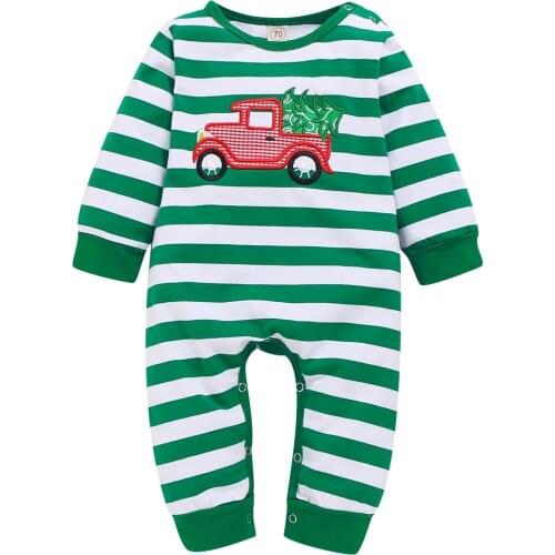 Baby Girls Boys Christmas Romper Long Sleeve O-neck Stripe Car Embroidery Jumpsuit Infant Xmas Clothing 0-18M