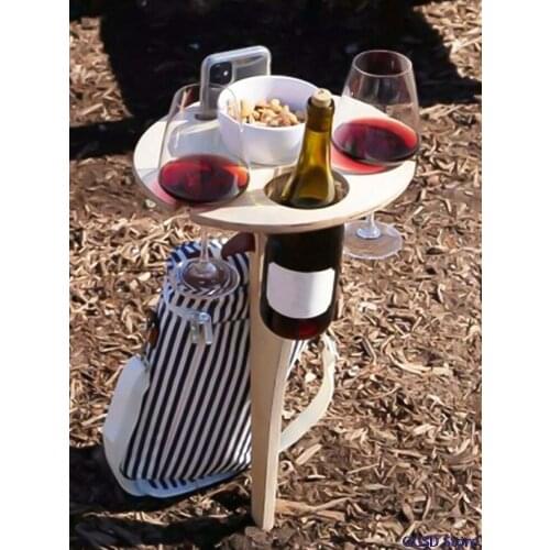 Foldable Wine Table with Round Desktop Outdoor Picnic Wine Glass Holder for Camping and Dining Removable Wooden Wine Rack Table