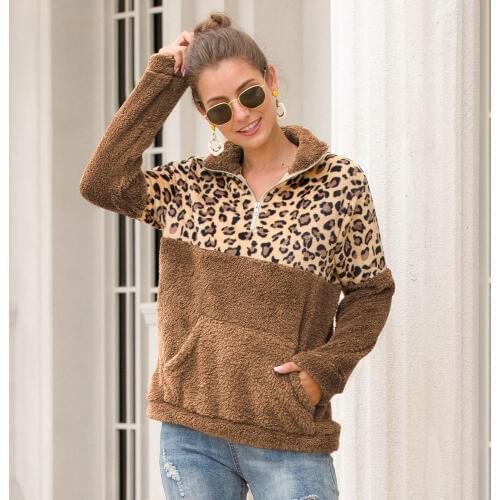 Women Leopard Fleece Sweater Teddy Fleece Leopard Zipper Pullover Plus Size 2XL Sherpa Fluffy Sweaters Female Warm Tops