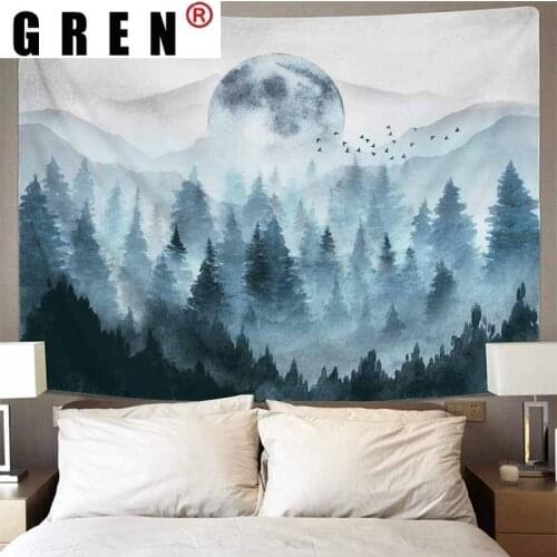 GREN Tapestry Foggy Forest Mountain Wall Hanging Mural Background Wall Rugs Beach Towel Fabric Blanket Dorm Living Home Decor