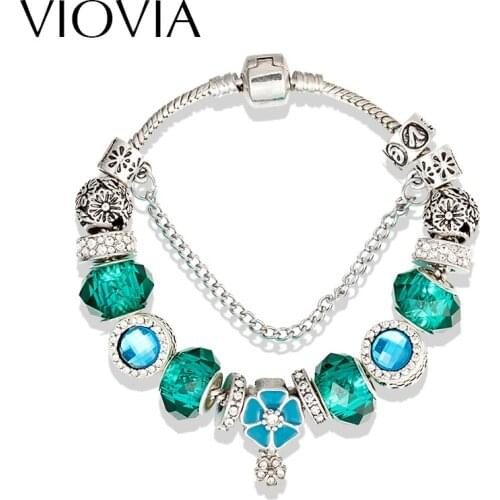 VIOVIA 2019 Silver Color Flowers Charm Bracelets & Bangles For Women Green Flowers Crystal Beads Bracelet for Girls Gift B16097