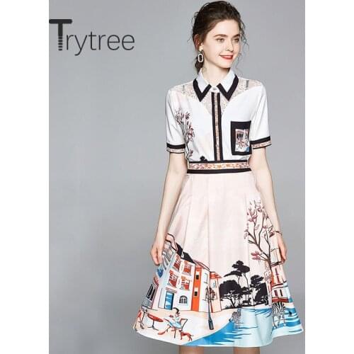 Trytree 2020 Summer Women two piece set Turn-down Collar Single Breasted Tops + Skirt Print Temperament Knee-Length 2 Piece Set