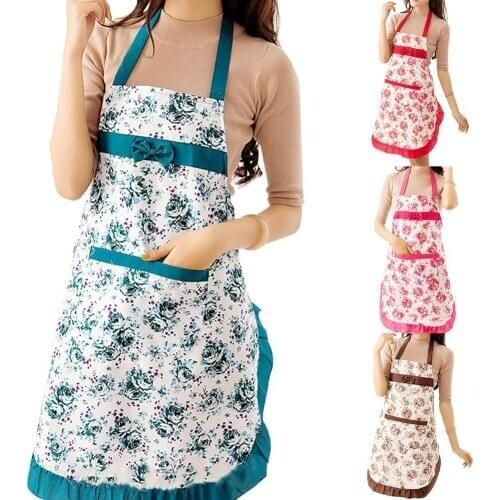 Women Floral Bowknot Waterproof Kitchen Restaurant Cooking Pocket Dress Apron