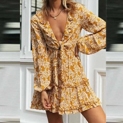 Sukienka women yellow print mini dress ruffles sexy deep v-neck long sleeve oversize loose boho dress bandage vestidos de mujer