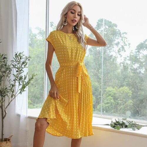 2021 Summer Womens Dot Print Long Sleeve Spring Dress Casual O Neck Chiffon A Line Women Summer Dress Vintage Party Midi Vestido