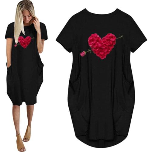 Sweet Heart Funny printed Women Summer Casual Loose Dress With Pocket Ladies Fashion O Neck Long Tops Female T Shirt Dress