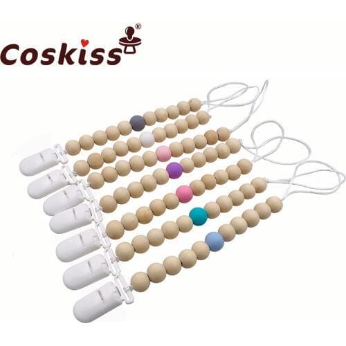 1PC Baby Pacifier Clip Natural Wooden Dummy Clip Silicone Beads Pacifier Chain Infant Soother Nipple Strap Baby Teether