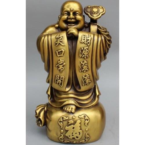 14" Chinese Pure Bronze Brass stand Fu Wealth RuYi Happy Maitreya Buddha Statue