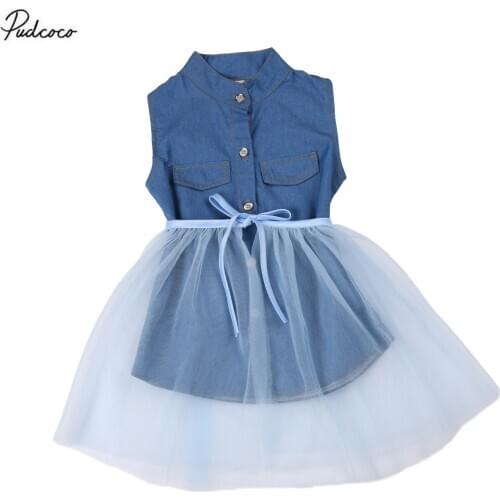 2020 Baby Summer Clothing Kids Baby Girl Sleeveless Button Denim Dress Perspective Mesh Skirt Double Layer Outfits Streetwear