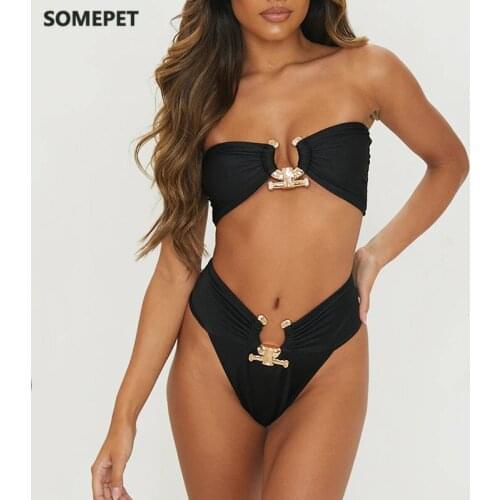 2021 Sexy Crystal Diamond High Waist Bikini Women Bandeau Swimsuit female Swimwear Two pieces bikini set Rings Bathing Suit Swim