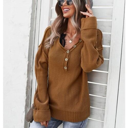 2021 New Autumn Casual Knitted Loose Sweater Women Solid Thin Sweaters Pullovers Women Lady Button V-Neck Pull Jumpers Shirt
