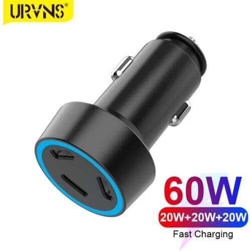 URVNS USB C Car Charger, 60W 3-Port PD 3.0 Type C Fast Car Charger Adapter Power Delivery 3.0 Cigarette Lighter 20W USB Charger