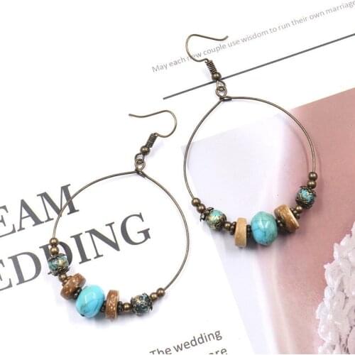 Bohemian Crystal Earrings for Women Ethnic Big Circle Round Hollow Tassel Earring Vintage Metal Wooden Beads Earing Jewelry Gift