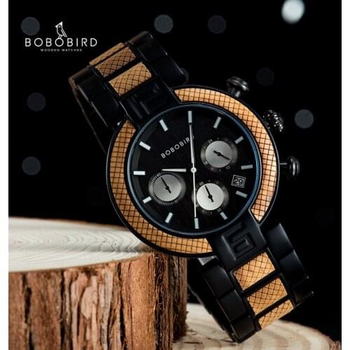 BOBOBIRD Luxury Watch Men Metal & Wood Quartz Wristwatches Chronograph Date Show montre homme In Gift Box Dropshipping J-T-15
