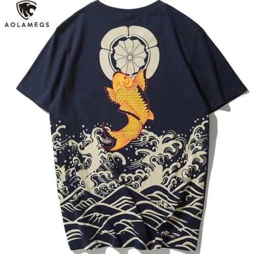 Aolamegs Summer Tshirt Men Japanese Fish Wave Print T-shirts Casual Short Sleeve Tops Harajuku Oversized Tee Hip Hop Streetwear