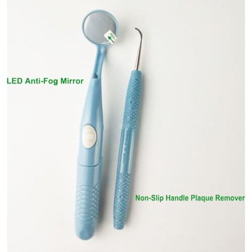 K0AE LED Light Mini Handle Curve Angle Dental Mouth Mirror with Plaque Remover Oral Hygiene Teeth Cleaning Tooth Stain Eraser