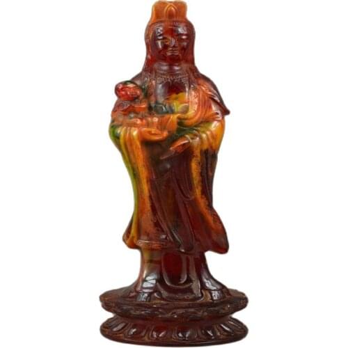 China Rare Old Amber Carving Efficacy Kwan-Yin Send You Child Noble Statue