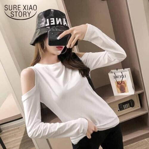 Fashion T Shirt 2021 Autumn Long Sleeve Shirt Women Cotton Womens Slim Sexy Off-Shoulder Tops Loose Solid Korean Clothes 10904