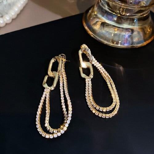 OLIRAFT 2021 Trend Korean Rhinestone Chain Tassel Earrings For Women Minimalist Gold Color Metal Dangle Earrings Elegant