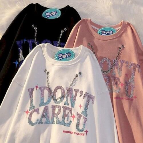 Diamond Letter Printing Pullover with Chain Sweatshirt Women Hoodies Oversized Harajuku O-Neck Loose Long Sleeve Girls Female