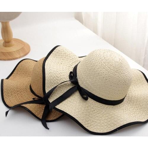 Fashion Women Sun Hat Elegant Bowknot Straw Weave Wavy Wide Brim Sunscreen Outdoor Summer Beach Sunhat шляпа женская летняя 2021