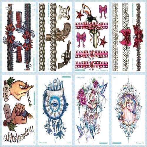 Rocooart HD Gun Flower Fake Tattoo Rabbit Horse In Dreamcatcher Tatoo Temporary Stickers Pistol Tatouage Cool Taty Ice Eye Tatto