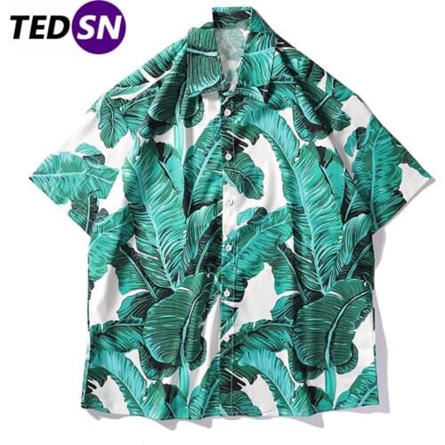 Tropical Plant Print Hawaii Men Shirts Summer Beach Short Sleeve Hip Hop Loose Tops 2020 Oversize Shirts Turquoise