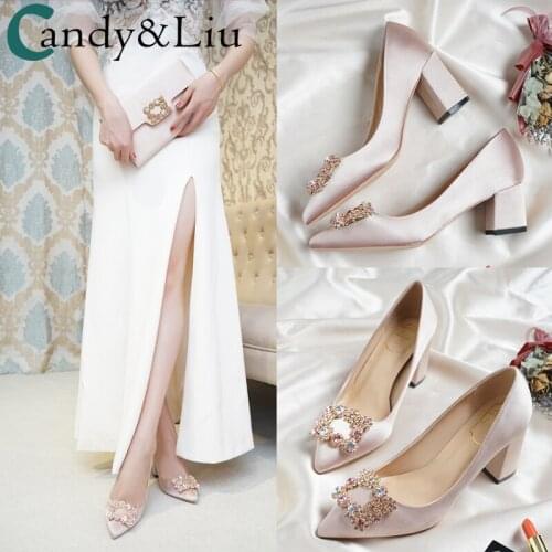 Women Shoes Female Crystal 2021 New Bride Square Buckle Drill Pregnant Womens High Heels Thick Heeled Champagne Princess Pumps