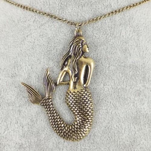 Vintage Bronze Fashion Jewelry Necklace Mermaid Pendant Chain Choker Necklace