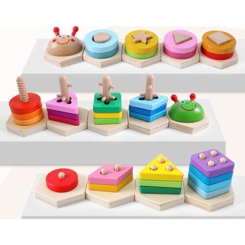 Funny Cartoon Baby Toys Kids Rainbow Wooden Blocks Sets Educational Geometric Shape Matching Toys For Children Animal Shape