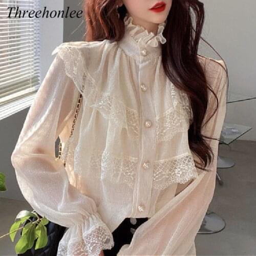 2021 Spring Autumn Womens Tops And Blouses Vintage Chiffon Blouse Button Long Sleeve Elegant Women Korean Style Shirt