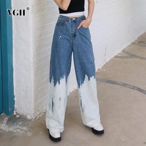 VGH Casual Print Tie Dye Jeans For Women High Waist Patchwork Hit Color Straight Denim Wide Leg Pants Female Fashion New Clothes