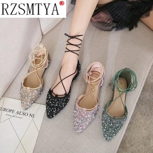 Women Luxury Rhinestone Ballet Flats Cross-Tied Lace Up Flat Shoes Woman Crystal D'orsay Wedding Shoes Glitter Mules Size 43