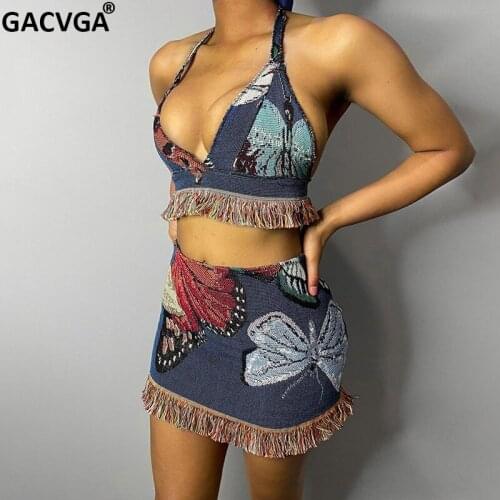 GACVGA Print Halter Sexy Crop Top and Mini Skirt Tassel Dress Suits 2021 Summer Tops Two Piece Set Women Party Clothes Outfit