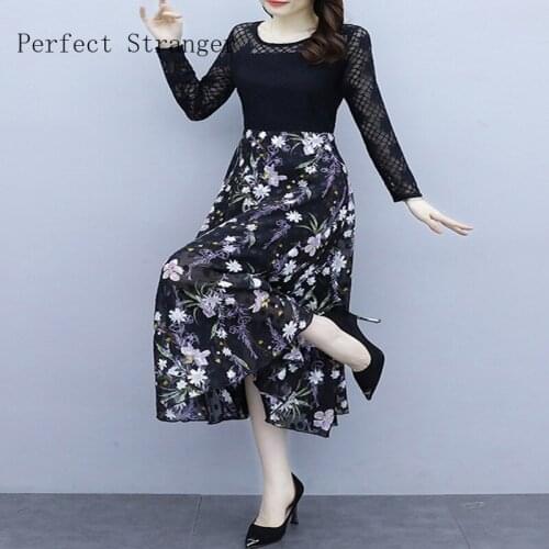 2021 Autumn New Arrival High Quality Korean Hot Sale Round Collar Collect Waist Flower Lace Chiffon Women Long Dress