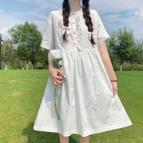 Japanese Sweet Style College Loose Dress Women Summer Vintage White First Love Casual Cotton Dresses Vestidos Midi Girly Dress