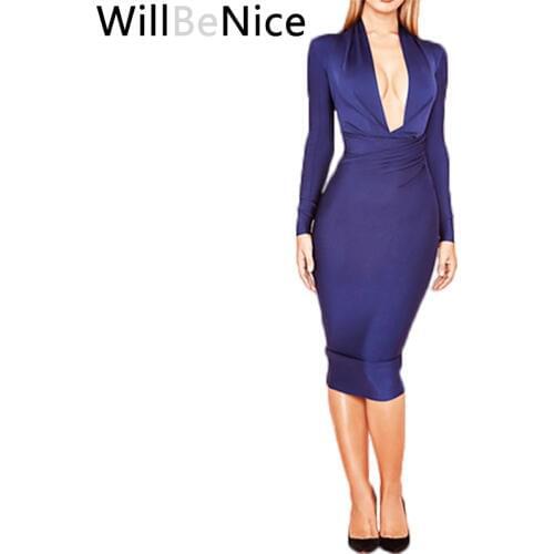 WillBeNice Navy Blue 2019 New Arrival Deep V Neck Party Sexy Winter Dress Womens Long Sleeve Bodycon Celebrity Bandage Dress