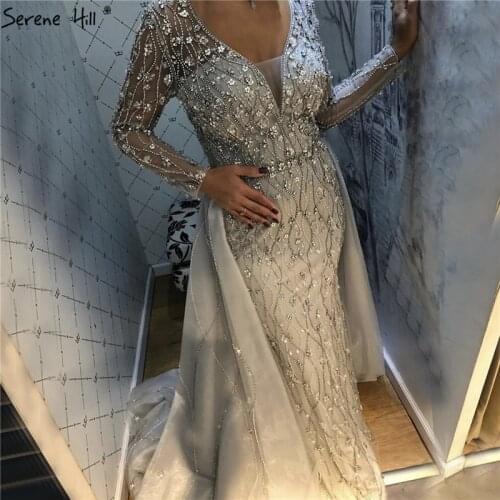 2020 Long Sleeves Diamond Mermaid Beading Formal Dress Dubai Luxury V-Neck Grey Evening Gown Serene Hill BLA70341